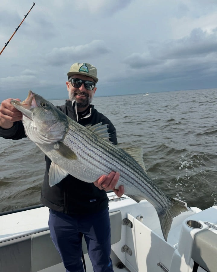 Angler holding a large striped bass on a boat in Raritan Bay